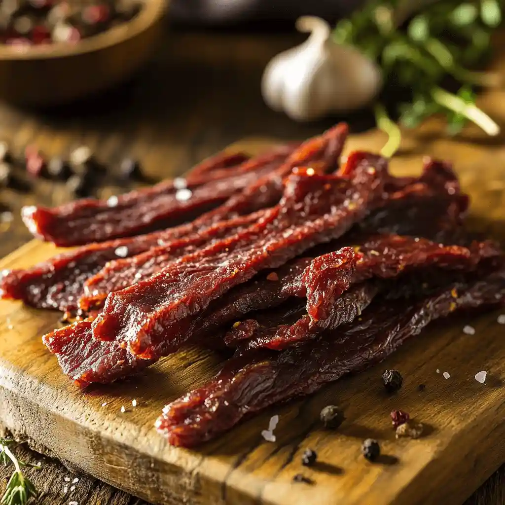 A close-up of homemade beef jerky, featuring thinly sliced beef strips seasoned with spices like sea salt, black pepper, garlic powder, and smoked paprika, arranged on a rustic wooden cutting board. The background showcases a cozy, rustic kitchen setting with warm lighting highlighting the textures of the jerky.