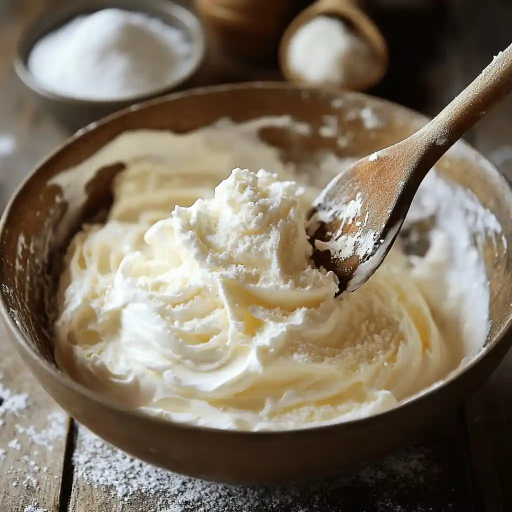 A close-up of a mixing bowl with heavy cream, sweetened condensed milk, and sugar being whisked together on a rustic kitchen counter, with ingredients like vanilla extract in the background.