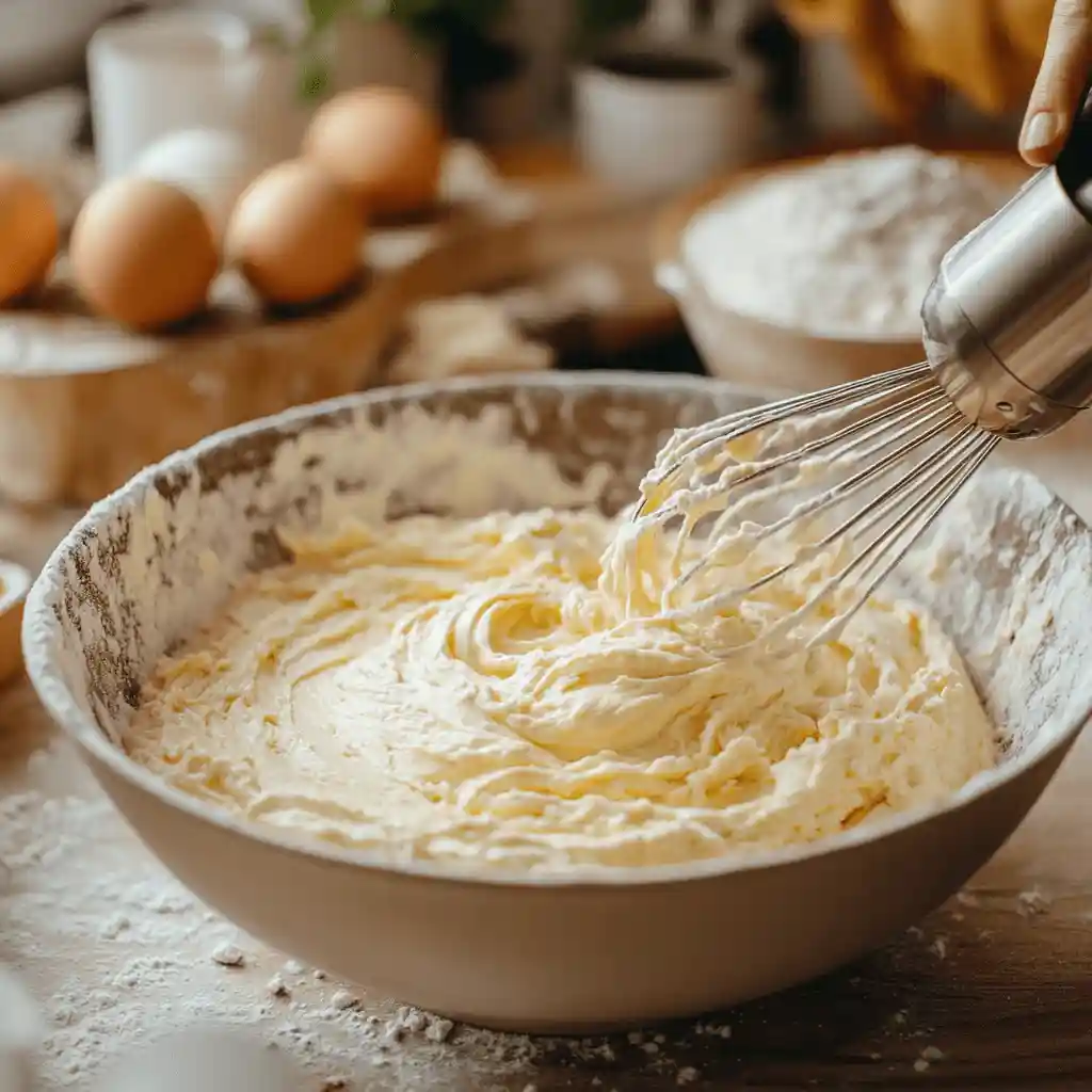 A close-up shot of cake batter being mixed in a bowl with a hand mixer, showing a smooth and creamy texture. Baking ingredients like flour, sugar, and eggs are scattered on the kitchen countertop.
