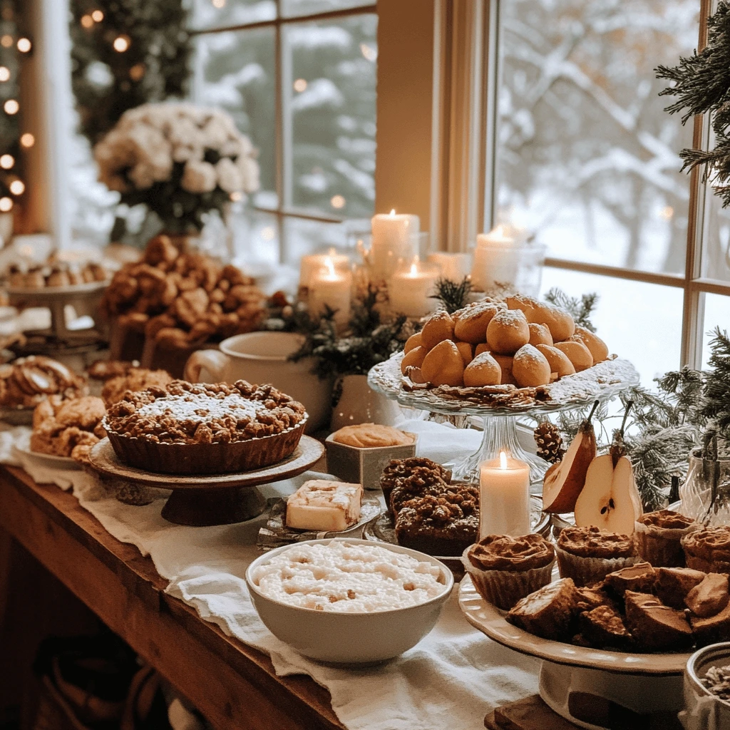 Cozy winter dessert spread with cinnamon apple crumble, gingerbread cookies, hot chocolate fudge brownies, and spiced pear cake, set in a warm, festive holiday setting.