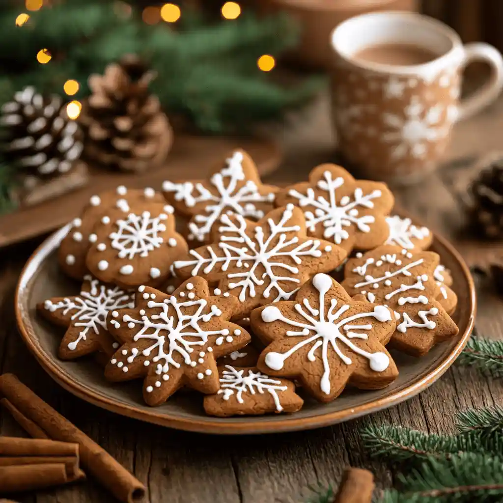 Festively decorated gingerbread cookies with icing designs, including snowflakes and Christmas trees, arranged on a wooden plate with cinnamon sticks and pine sprigs.